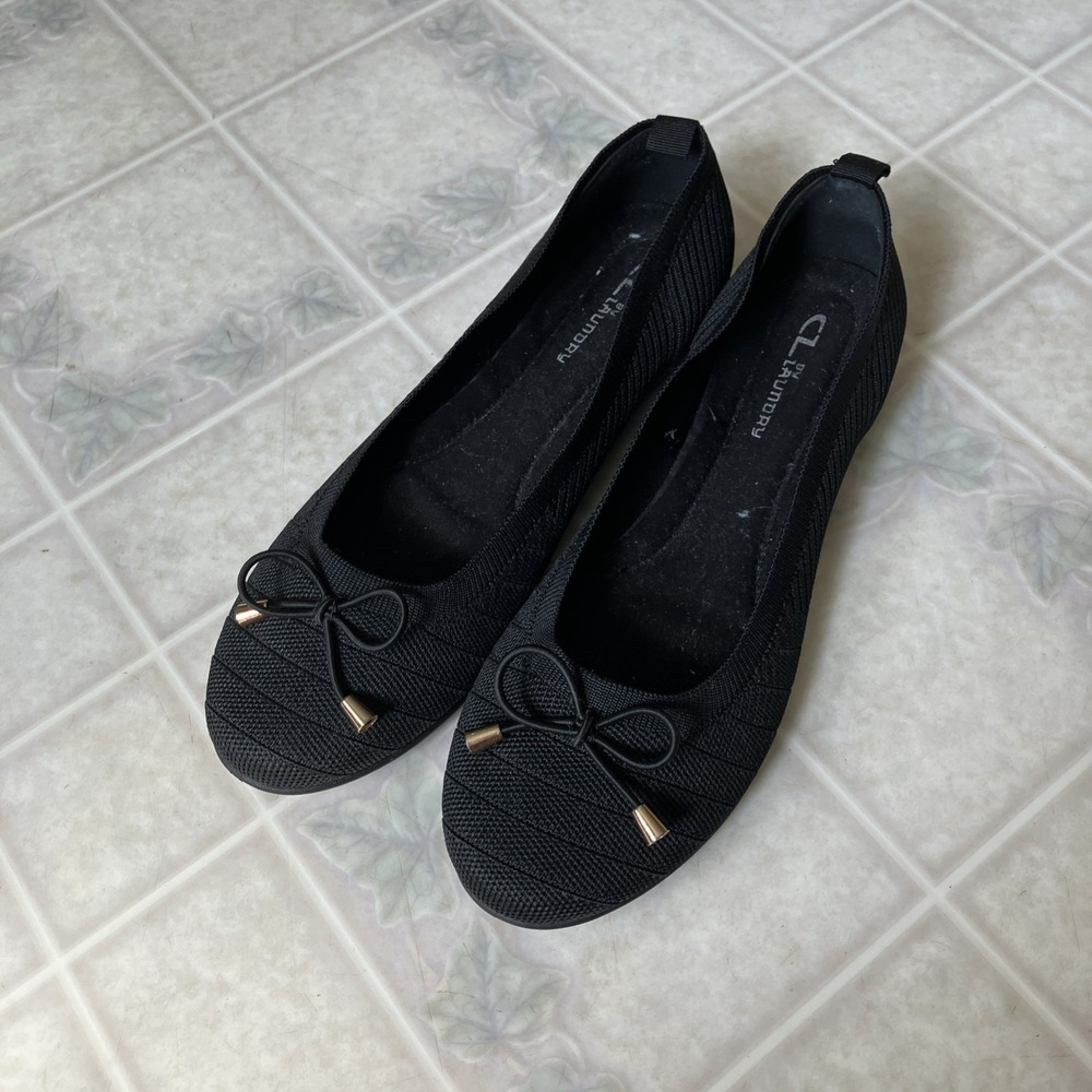 CL BY LAUNDRY Black Woven Stretchy Flats Slip-On US 9.5 Kewi Bow Accent